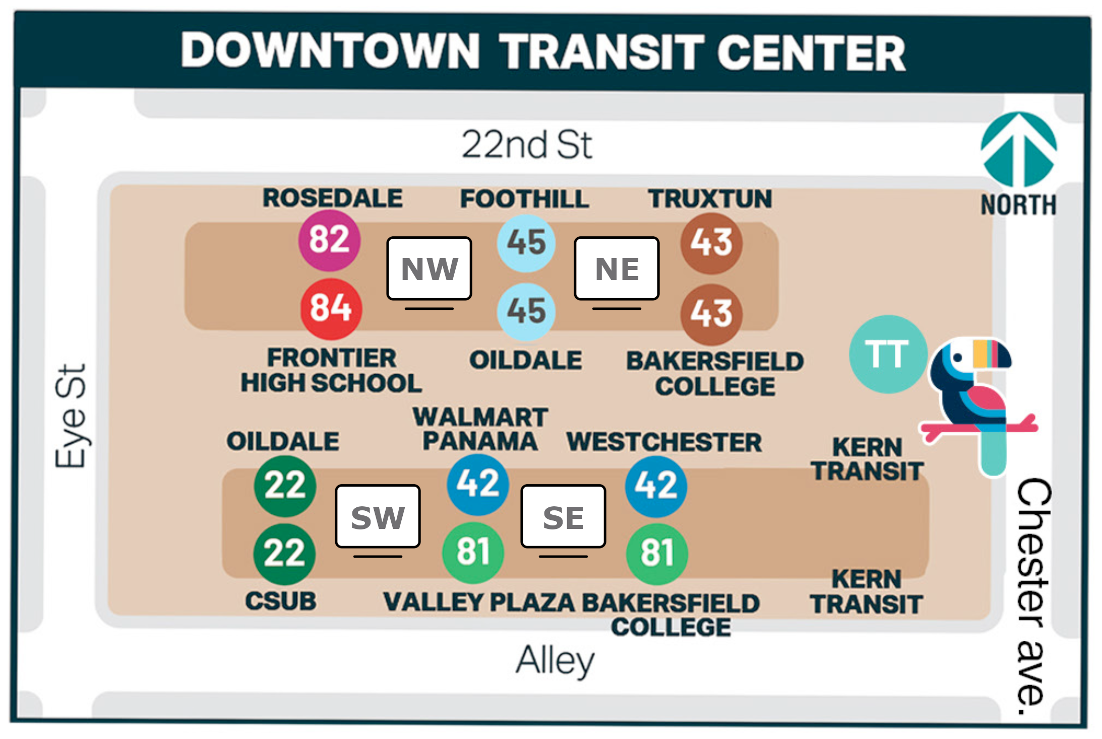 Downtown Transit Center bay layout showing routes 22, 42, 43, 45, 81, 82, and 84